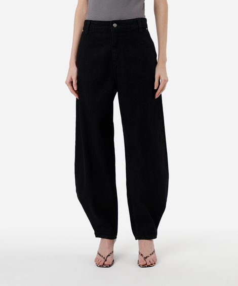 calça balloon feminina jeans cintura média com barra ajustável preta