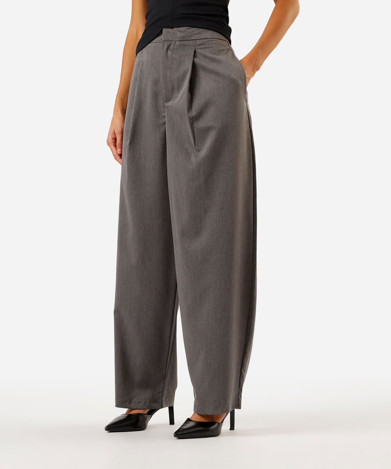 calça balloon feminina com pregas cintura alta cinza