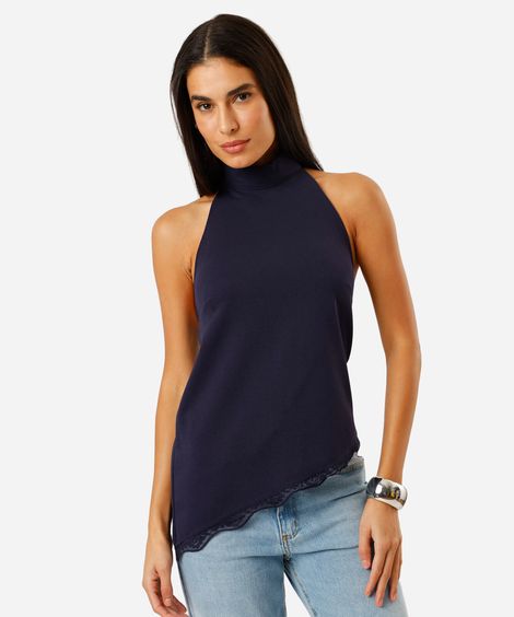 blusa assimétrica feminina halterneck com renda azul