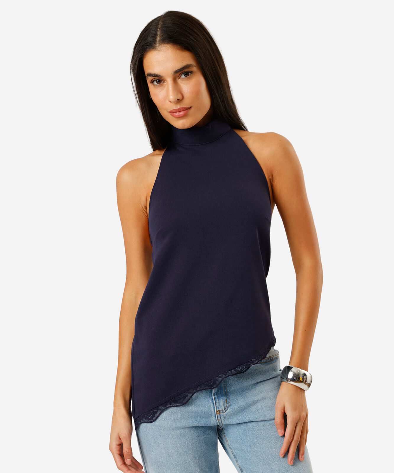 blusa assimétrica feminina halterneck com renda azul
