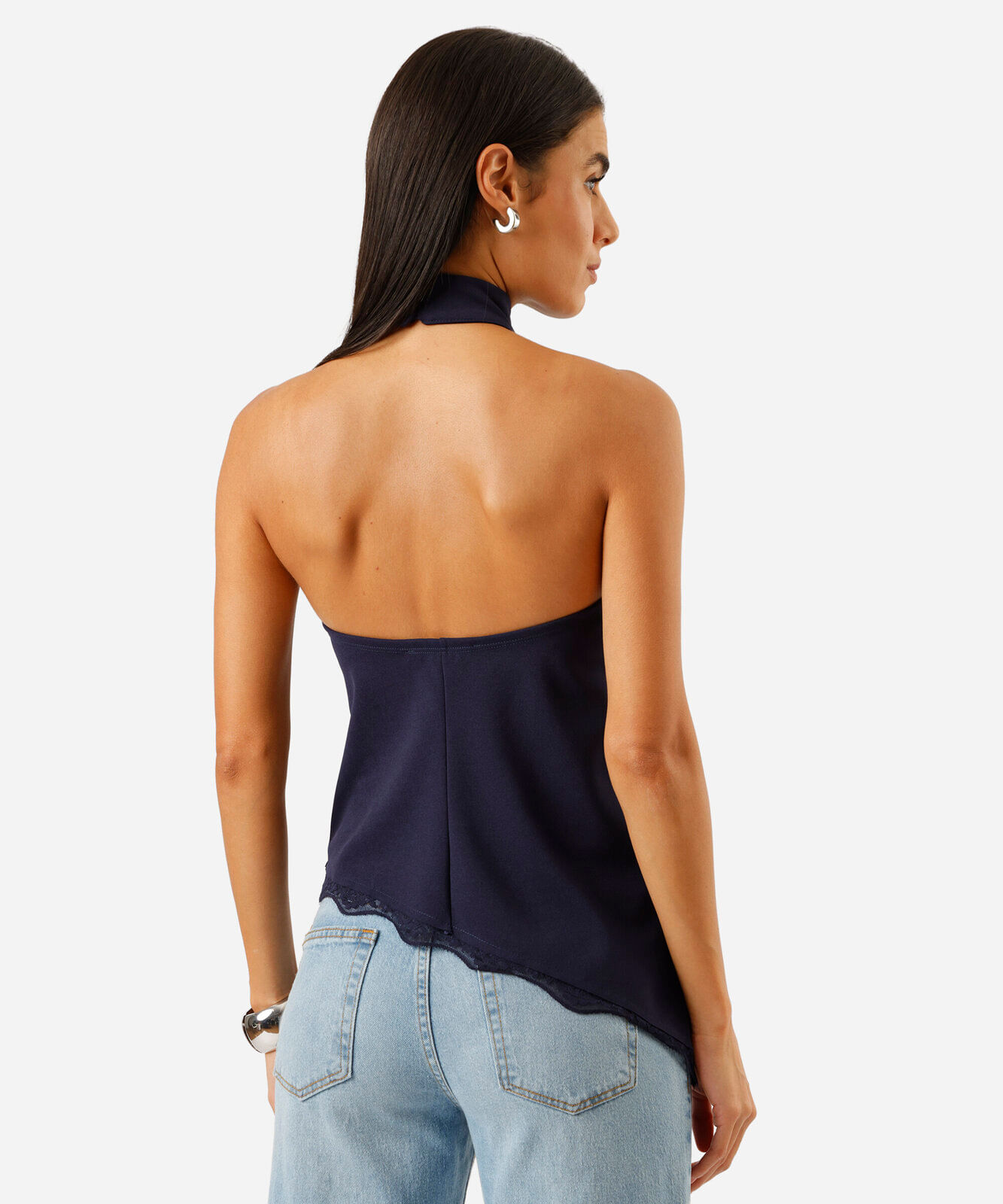 blusa assimétrica feminina halterneck com renda azul