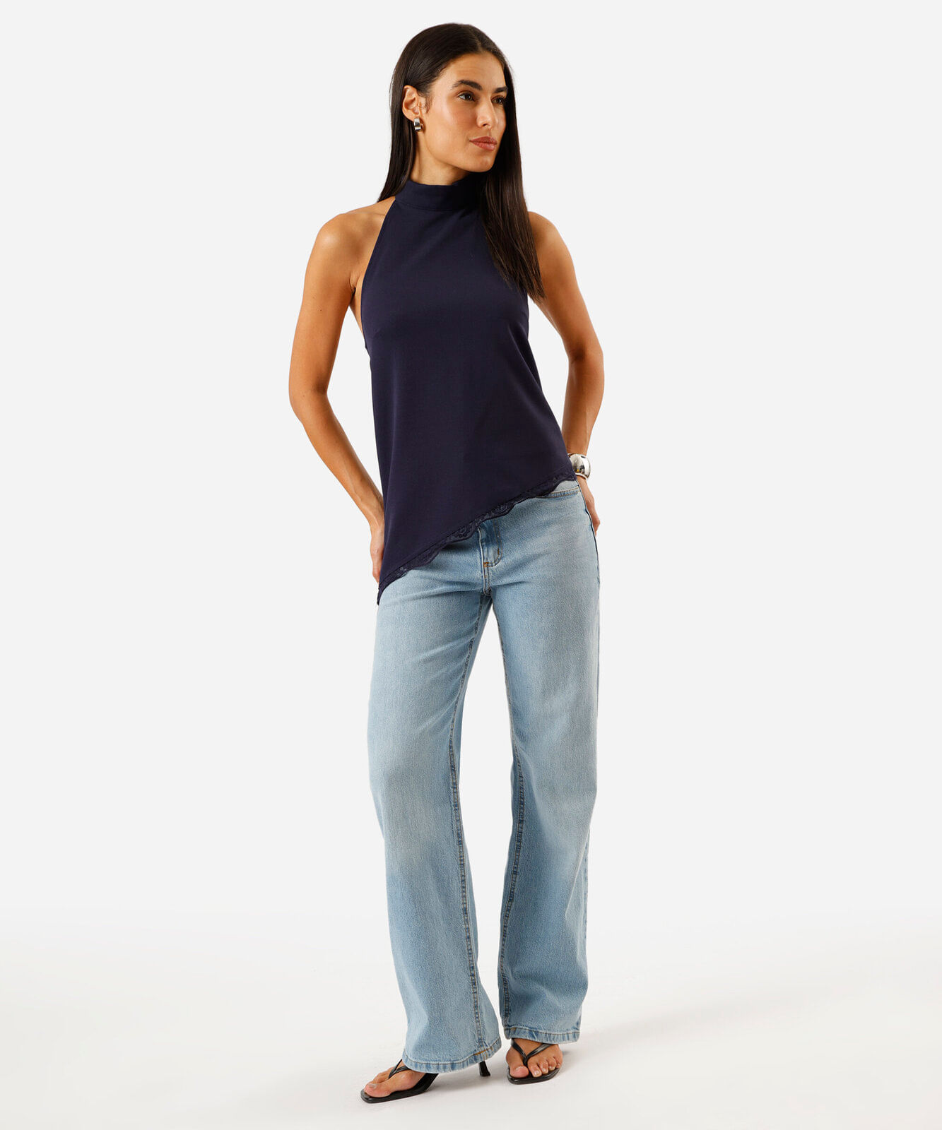 blusa assimétrica feminina halterneck com renda azul