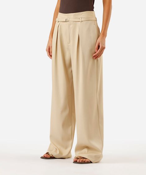 calça wide leg feminina com pregas e cinto bege