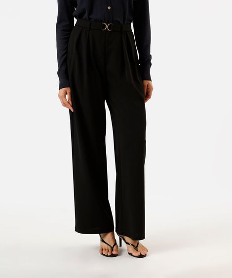 calça wide leg feminina com pregas e fivela preta