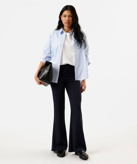calça flare feminina com nervuras cintura alta azul