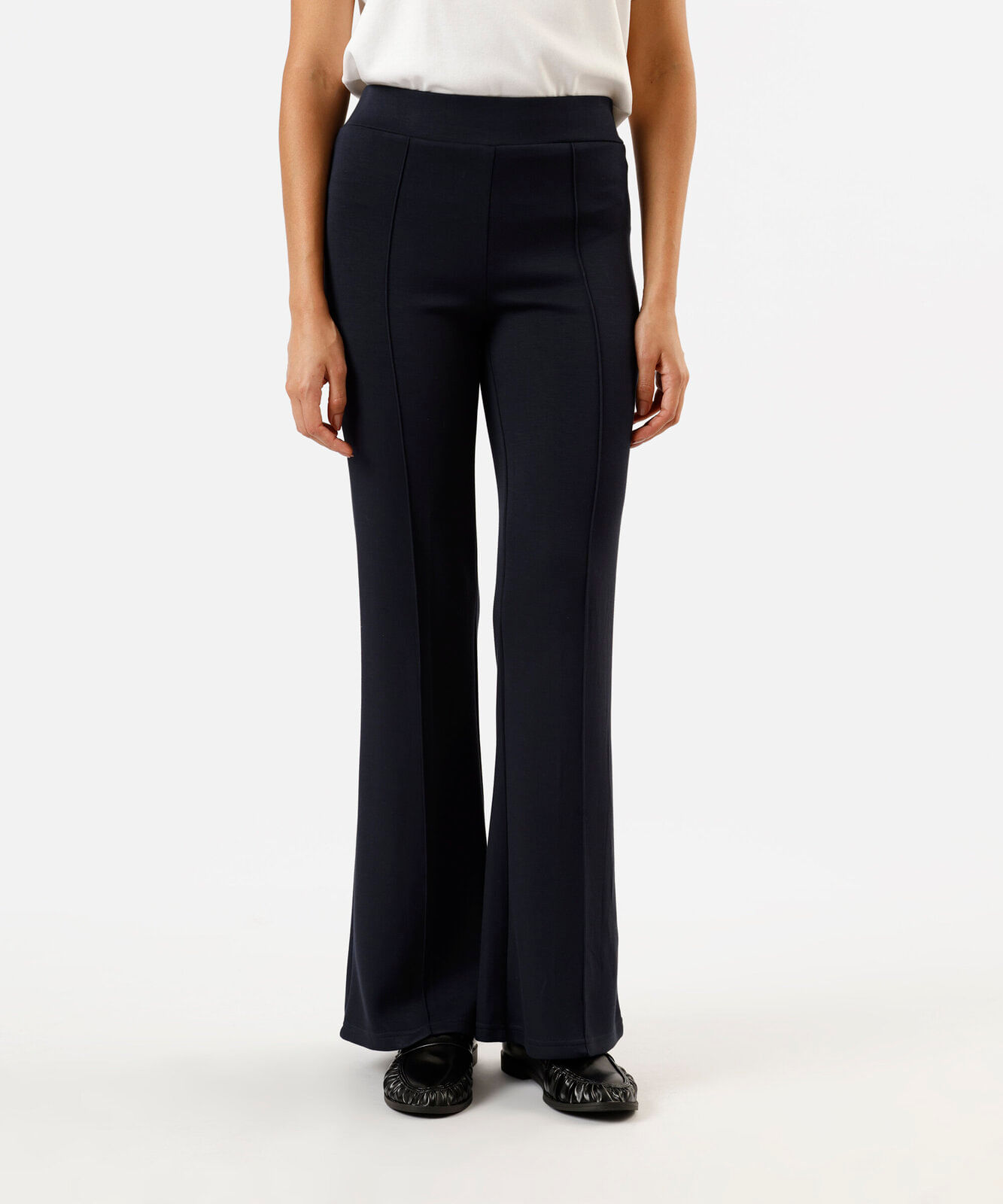 calça flare feminina com nervuras cintura alta azul