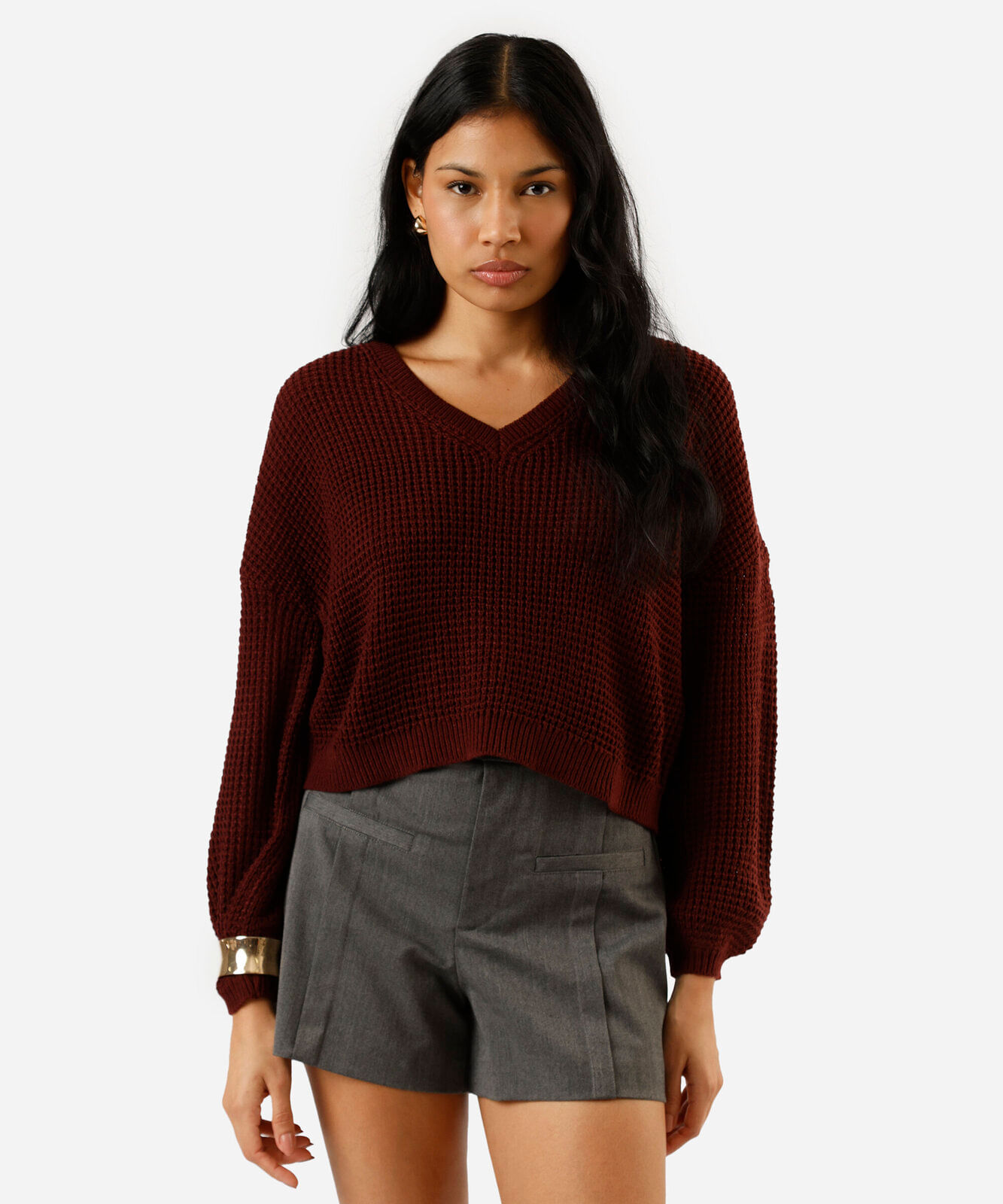 suéter feminino de tricot decote v vinho