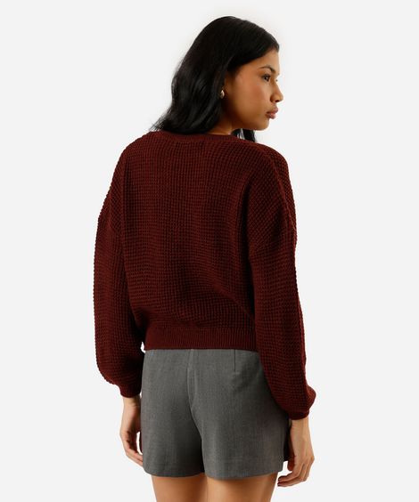 suéter feminino de tricot decote v vinho