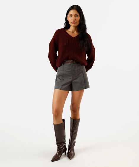 short de alfaiataria feminino com pregas e bolso cinza