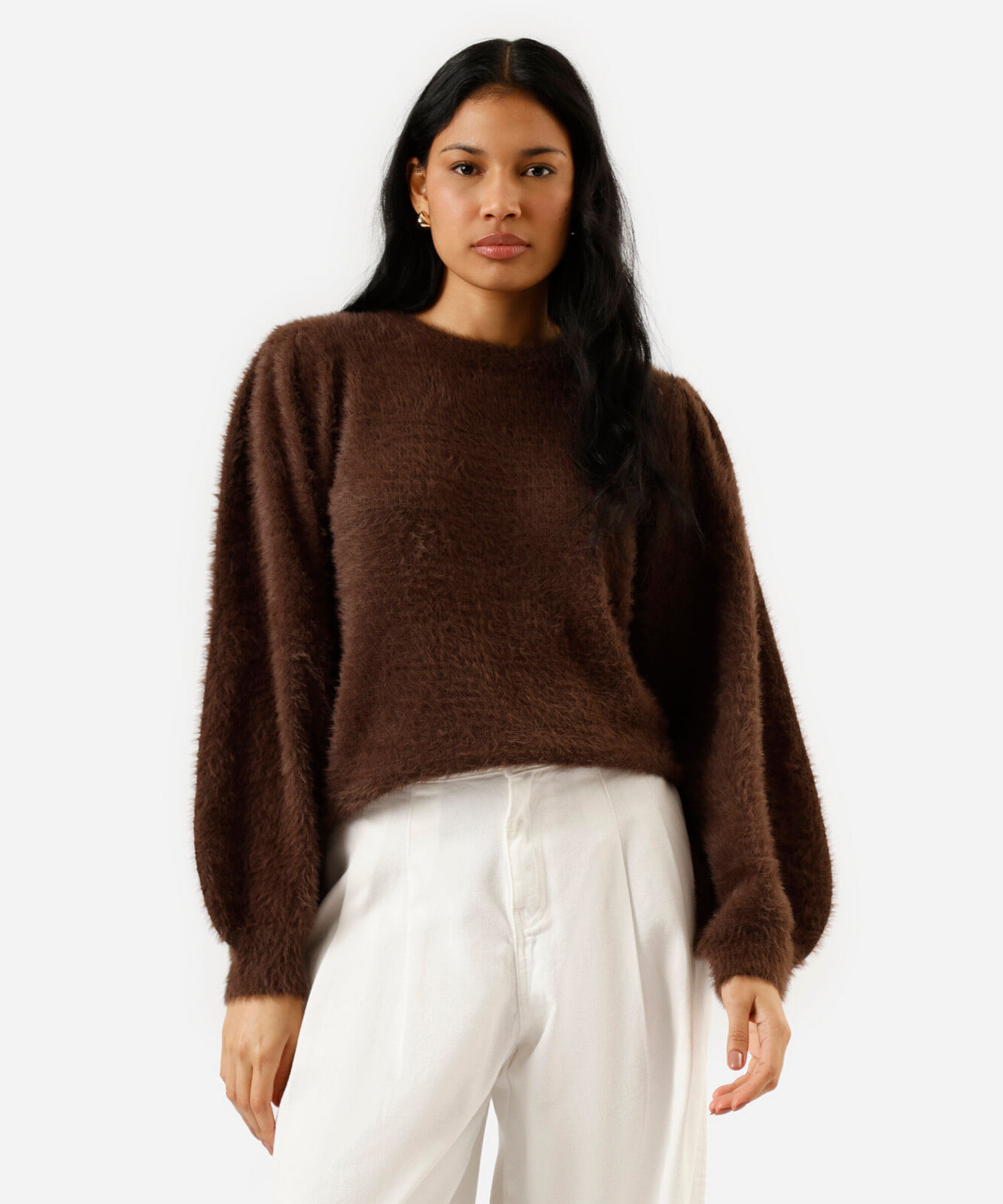 suéter feminino de tricot gola redonda texturizado marrom