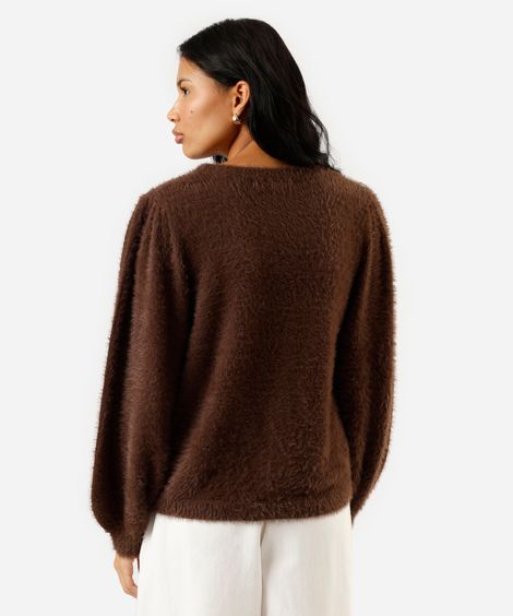 suéter feminino de tricot gola redonda texturizado marrom