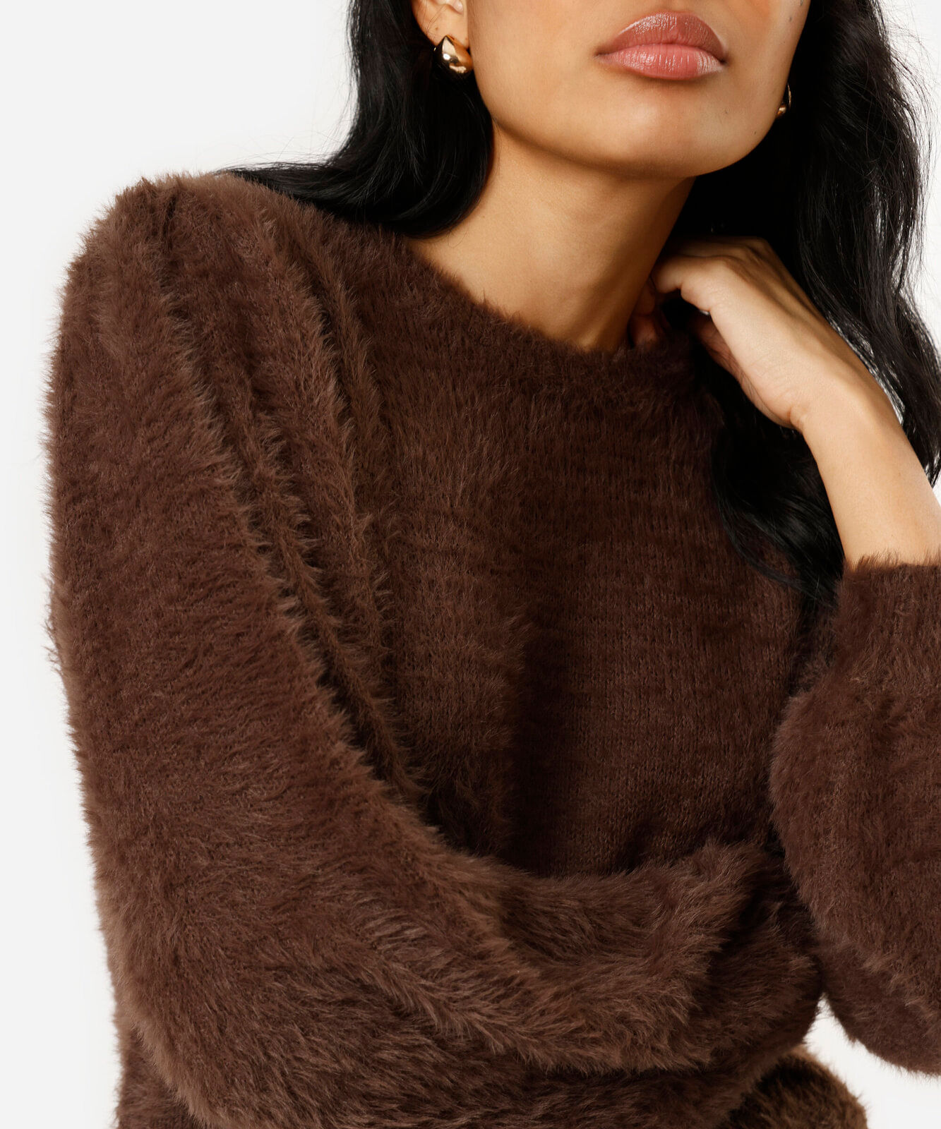 suéter feminino de tricot gola redonda texturizado marrom