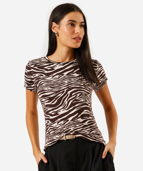 blusa feminina de viscose manga curta animal print bege