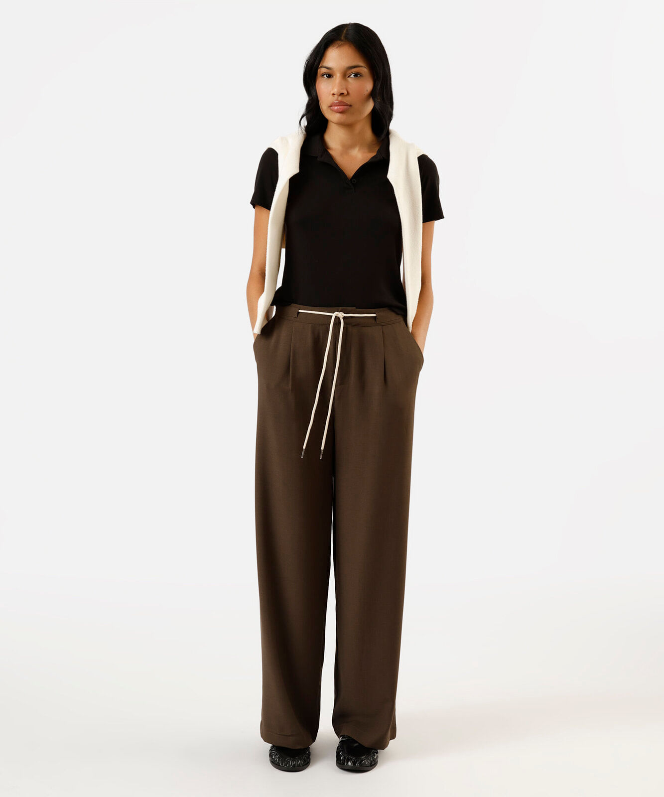 calça wide leg feminina com cordão marrom