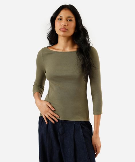 blusa feminina de algodão decote canoa canelada verde