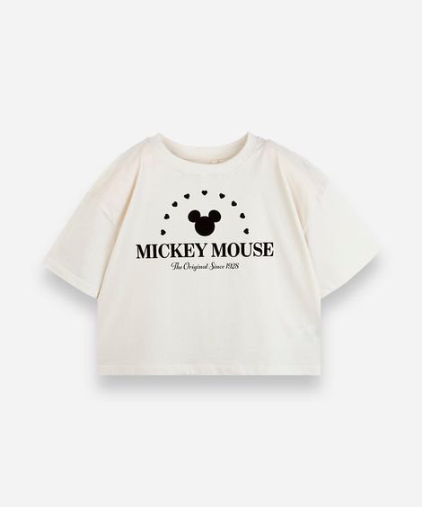 camiseta boxy infantil de algodão mickey bege