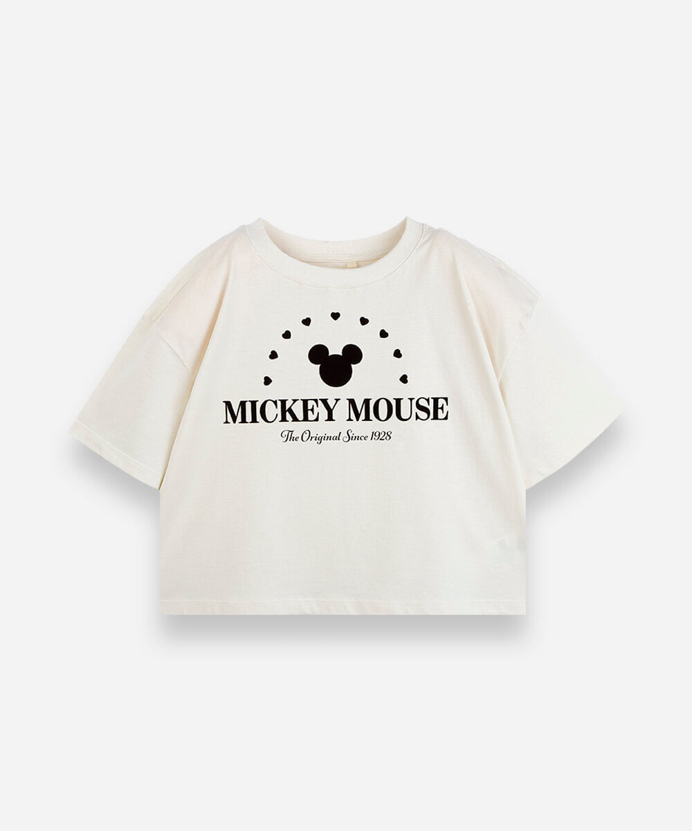 camiseta boxy infantil de algodão mickey bege