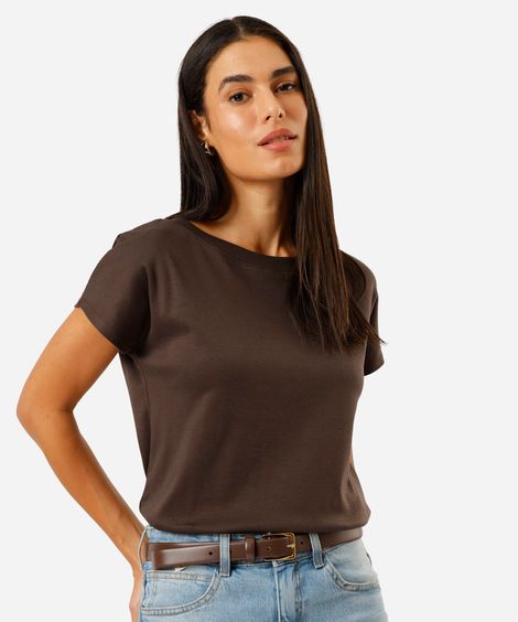 camiseta feminina de algodão peruano decote canoa manga curta marrom