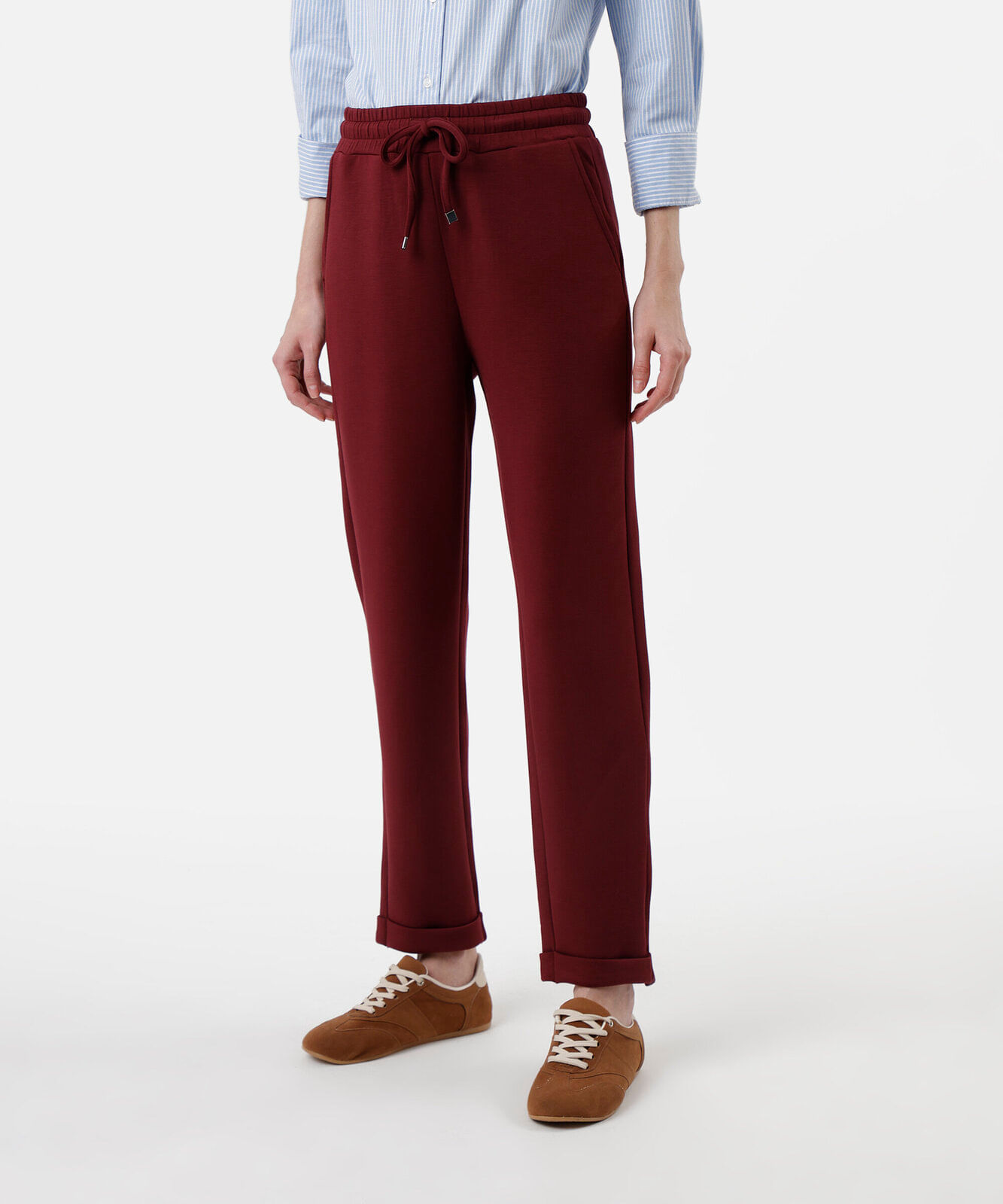 calça reta feminina cós elástico vinho