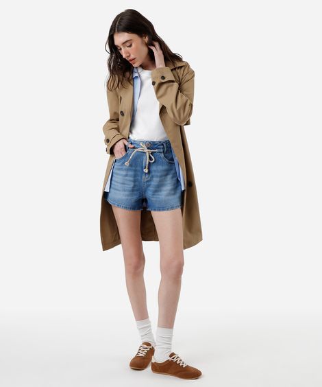 short feminino jeans cintura alta com cordão azul