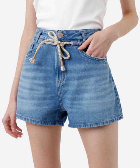 short feminino jeans cintura alta com cordão azul