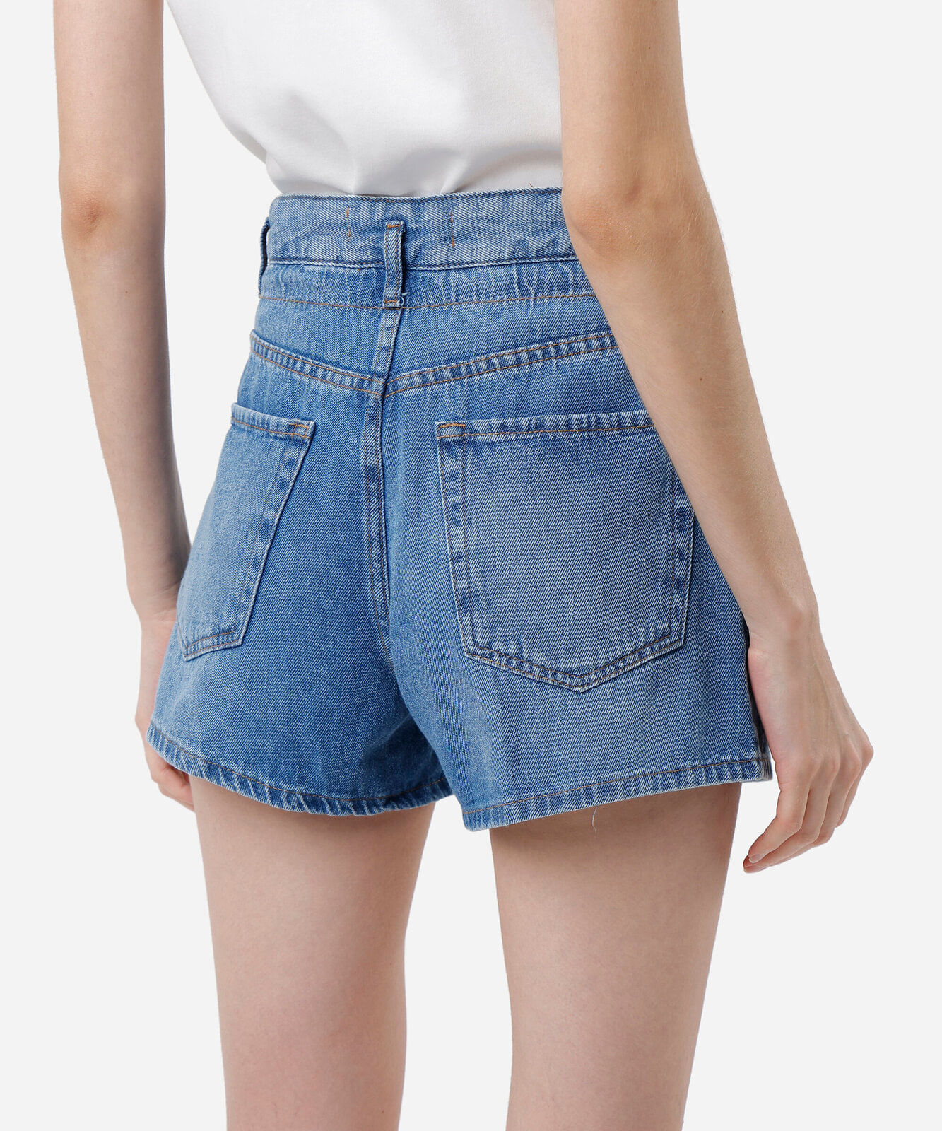 short feminino jeans cintura alta com cordão azul