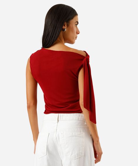 blusa feminina de tule franzida com amarração vermelha