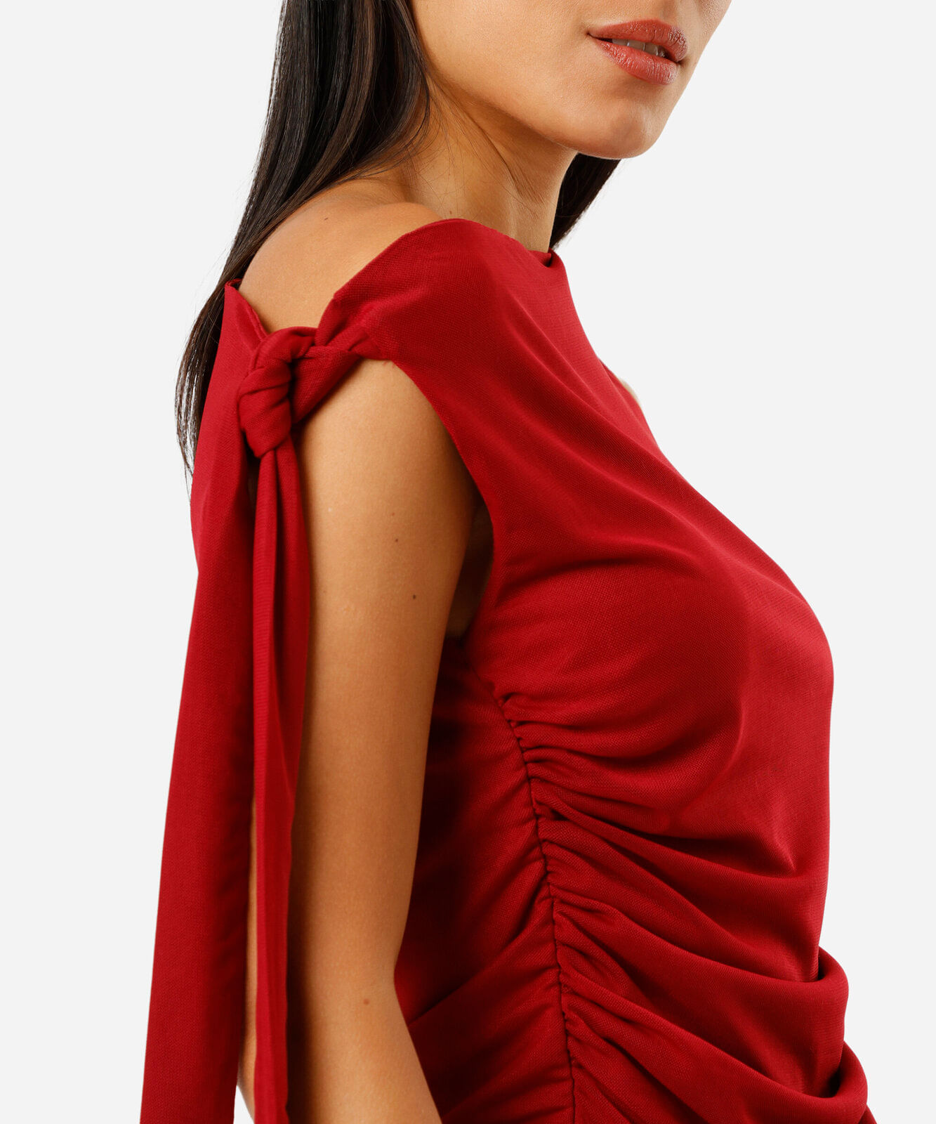 blusa feminina de tule franzida com amarração vermelha