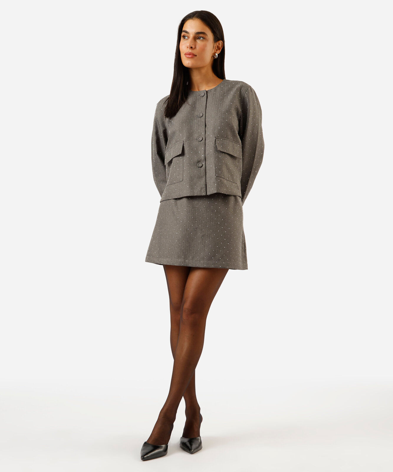 short saia feminino com brilhos cinza