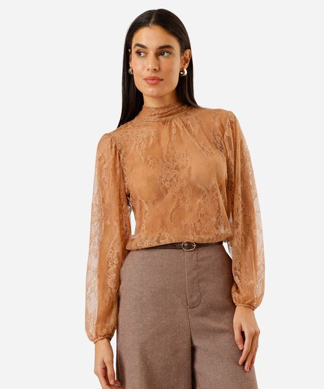 bata feminina de renda gola alta com amarração marrom