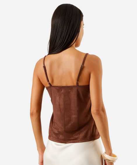 regata feminina de suede com renda marrom