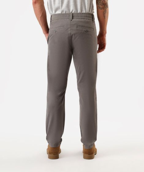 calça chino reta masculina de sarja cós elástico cinza
