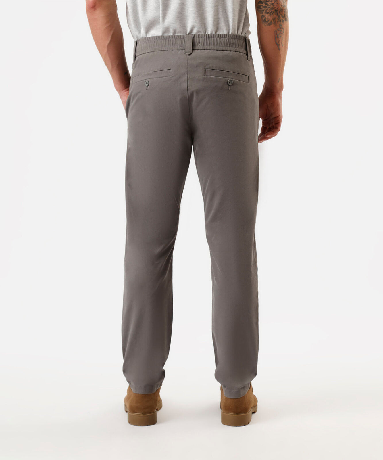 calça chino reta masculina de sarja cós elástico cinza