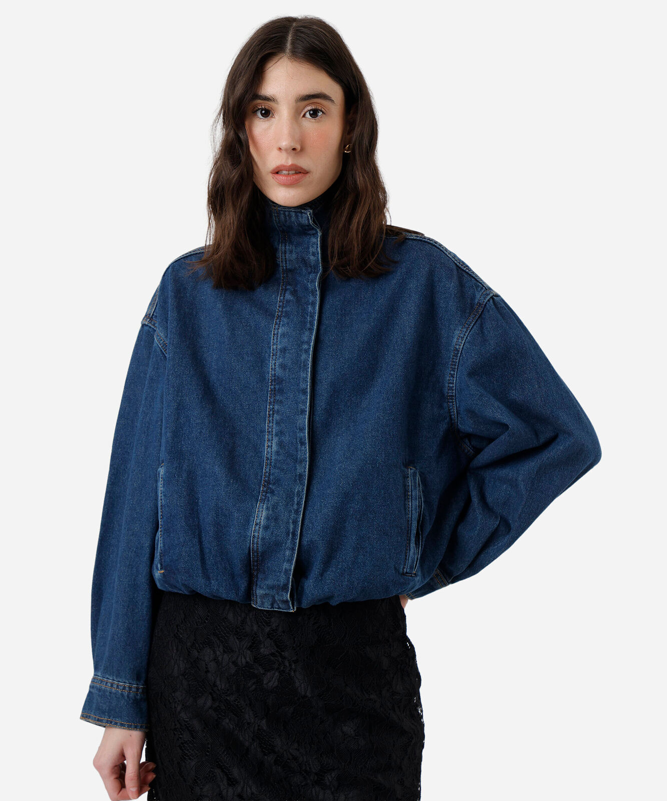 jaqueta balonê feminina jeans gola funnel neck azul