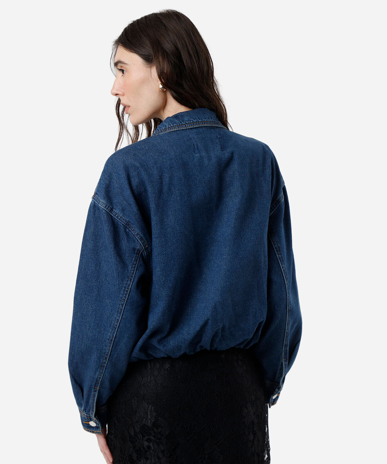 jaqueta balonê feminina jeans gola funnel neck azul