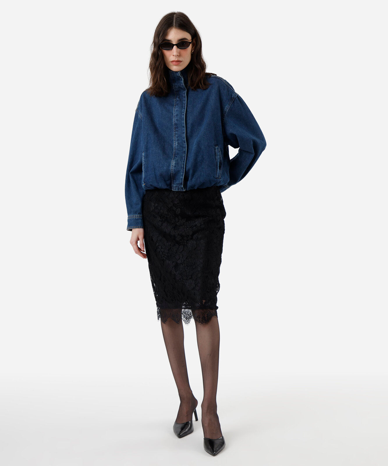 jaqueta balonê feminina jeans gola funnel neck azul
