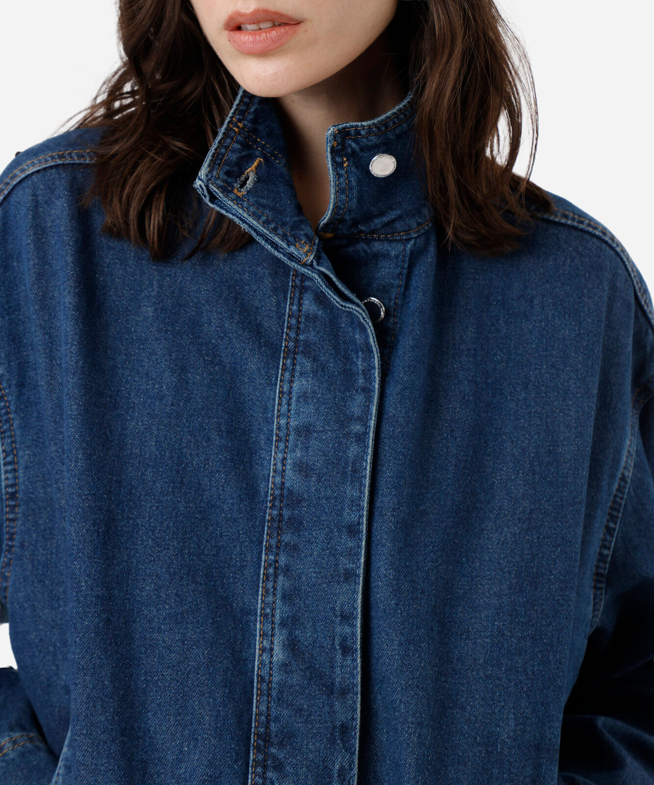 jaqueta balonê feminina jeans gola funnel neck azul