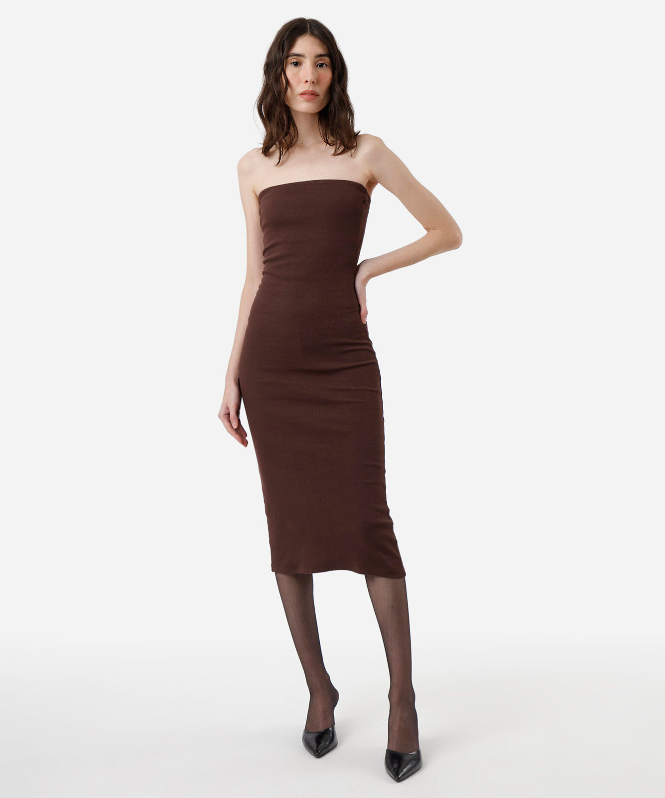 vestido midi sem alça canelado feminino de algodão marrom