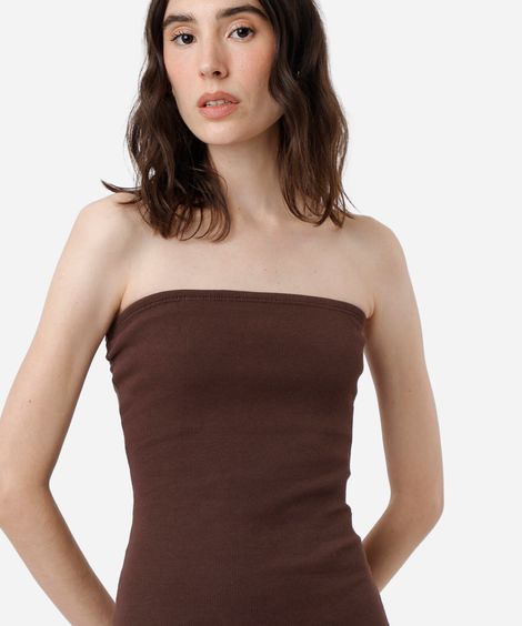 vestido midi sem alça canelado feminino de algodão marrom