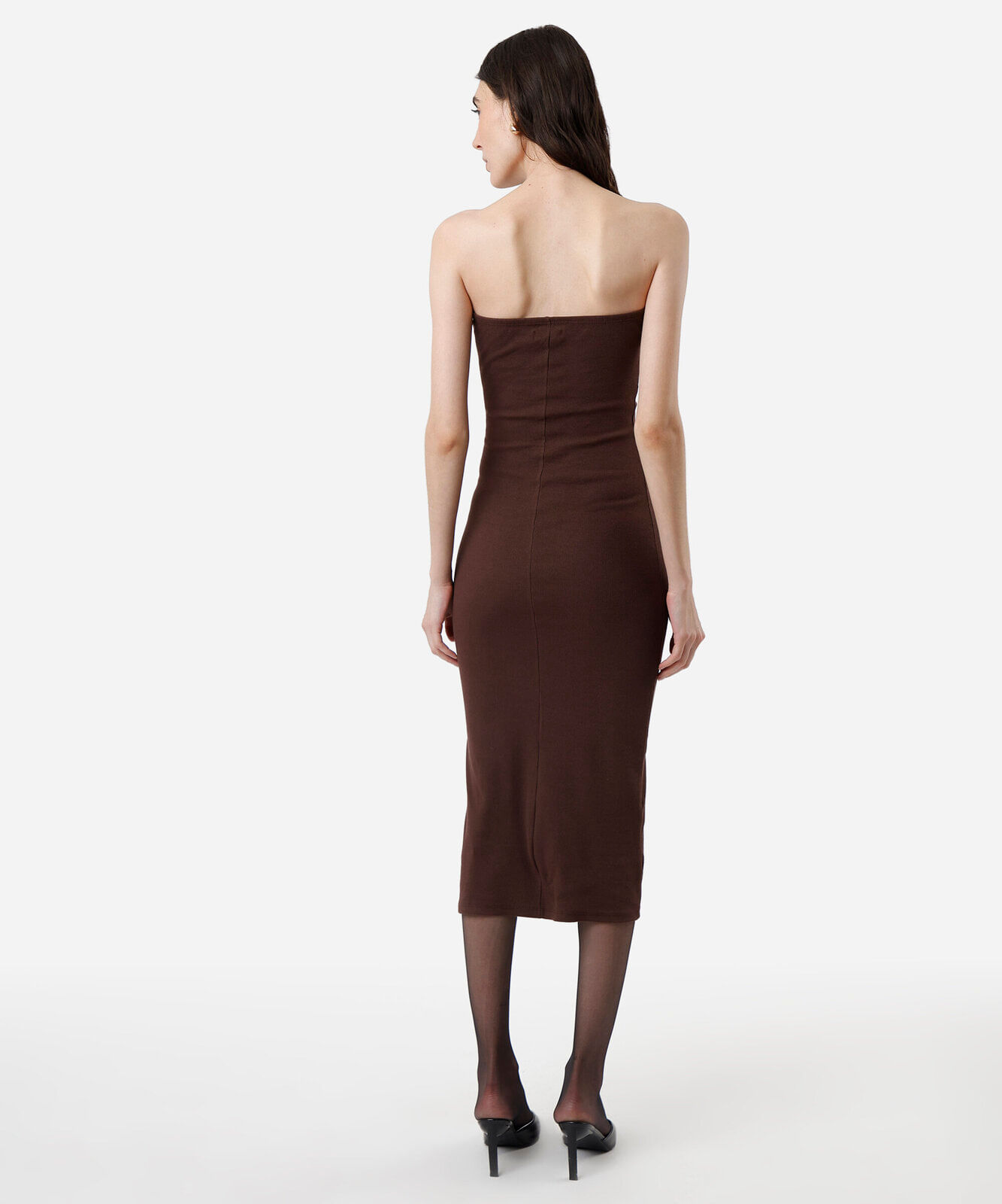 vestido midi sem alça canelado feminino de algodão marrom