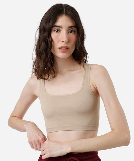 top cropped feminino de poliamida canelado bege