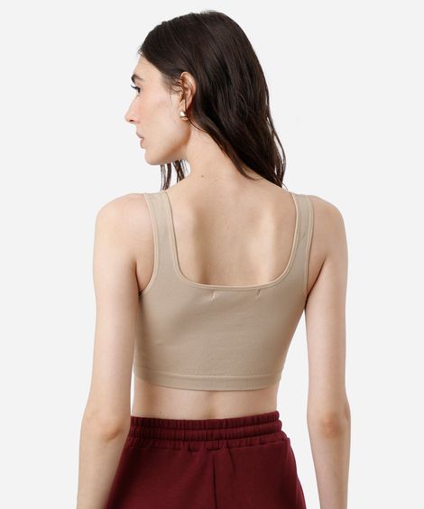 top cropped feminino de poliamida canelado bege
