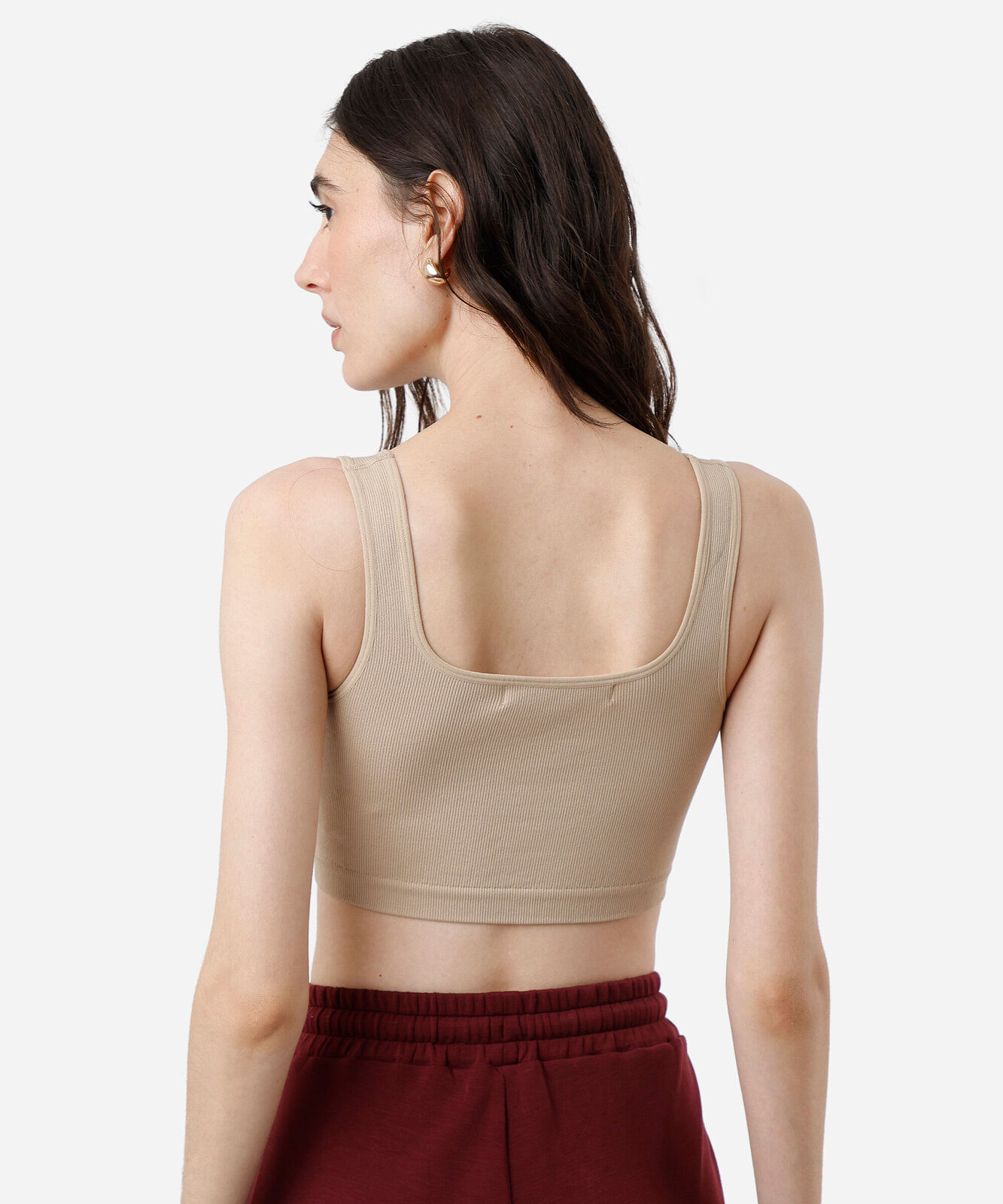 top cropped feminino de poliamida canelado bege