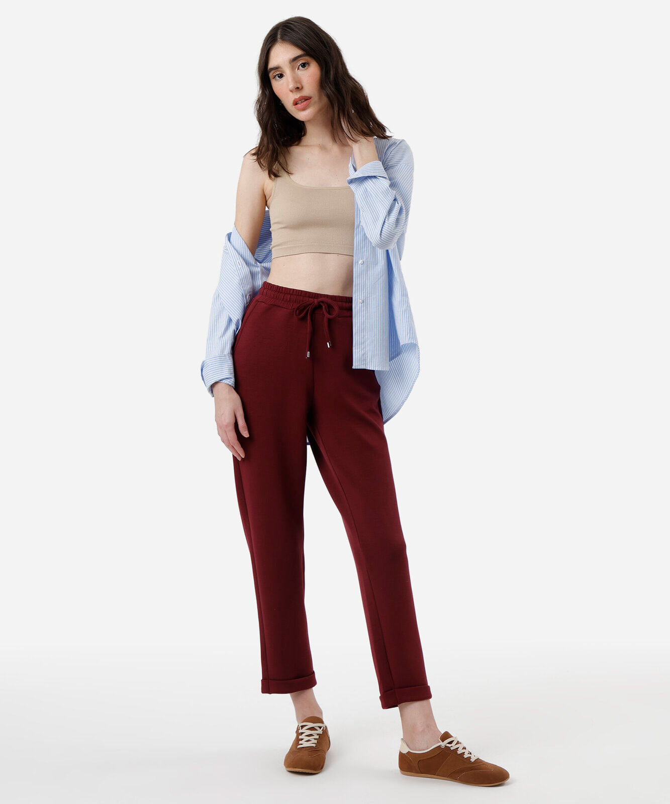 top cropped feminino de poliamida canelado bege
