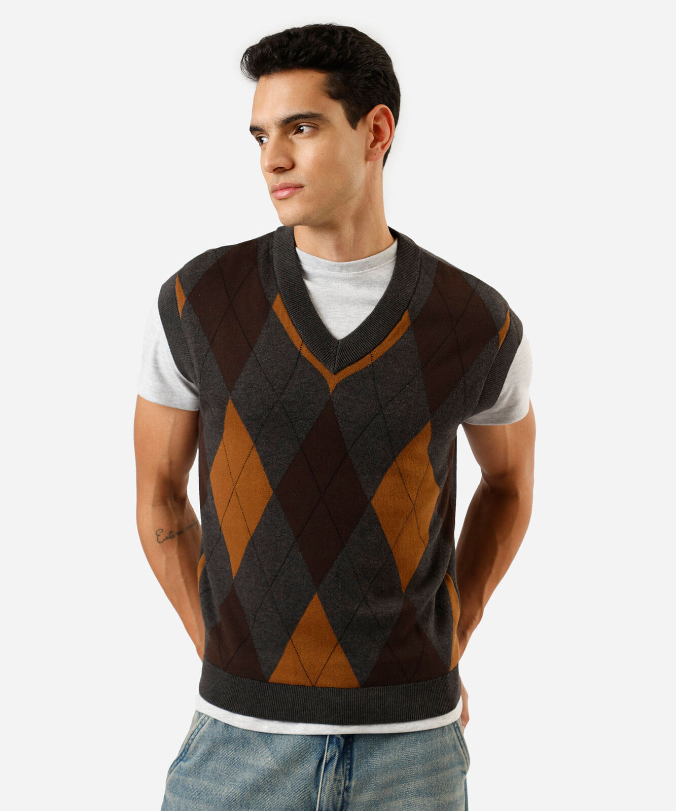 colete masculino de tricot xadrez argyle cinza