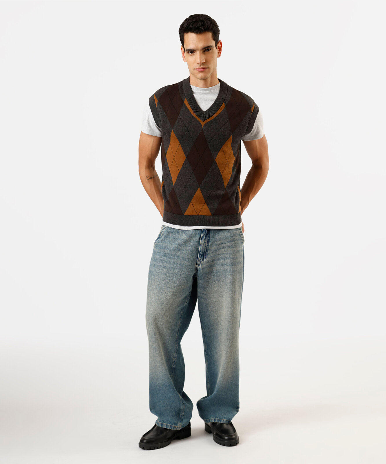 colete masculino de tricot xadrez argyle cinza