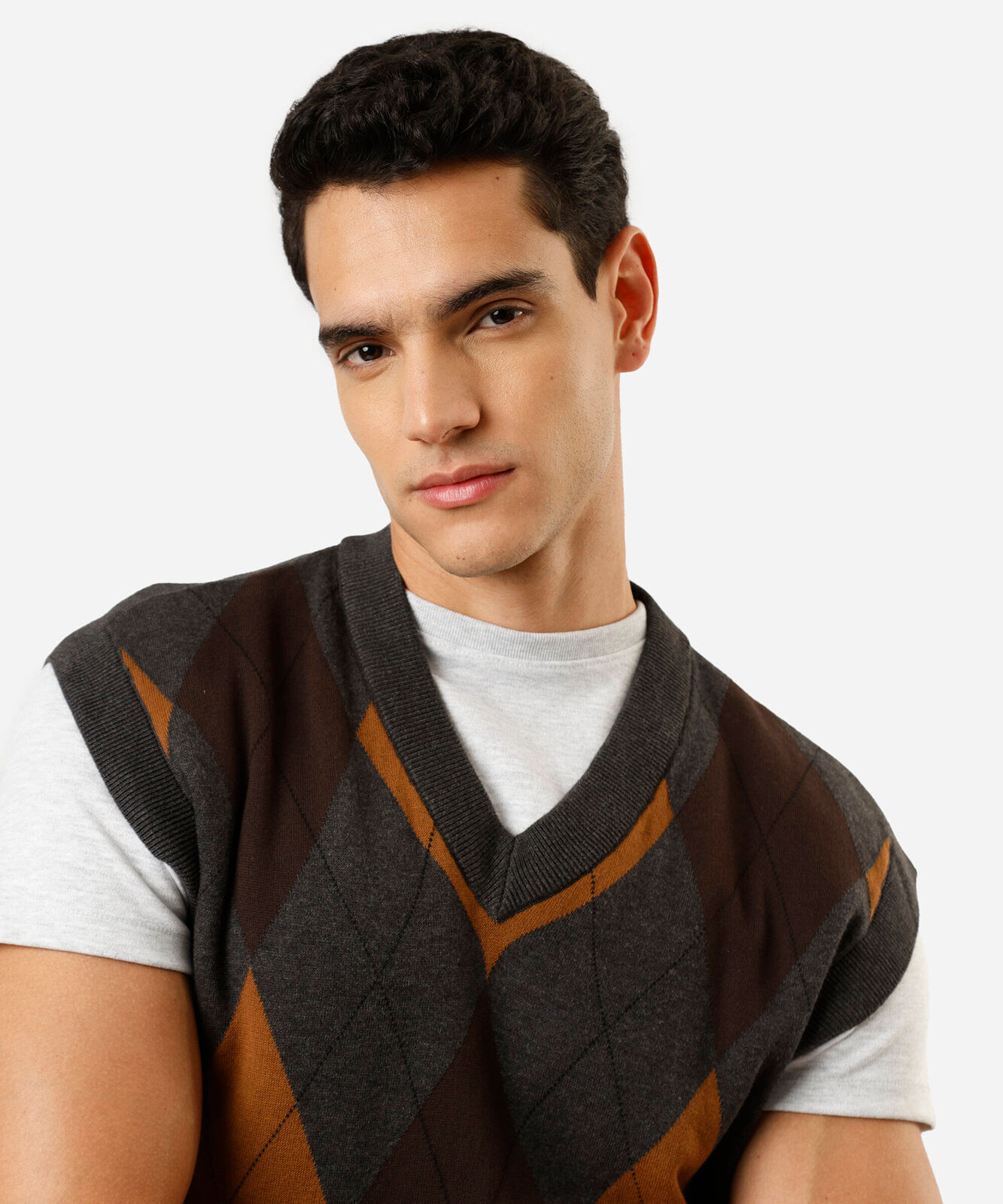 colete masculino de tricot xadrez argyle cinza