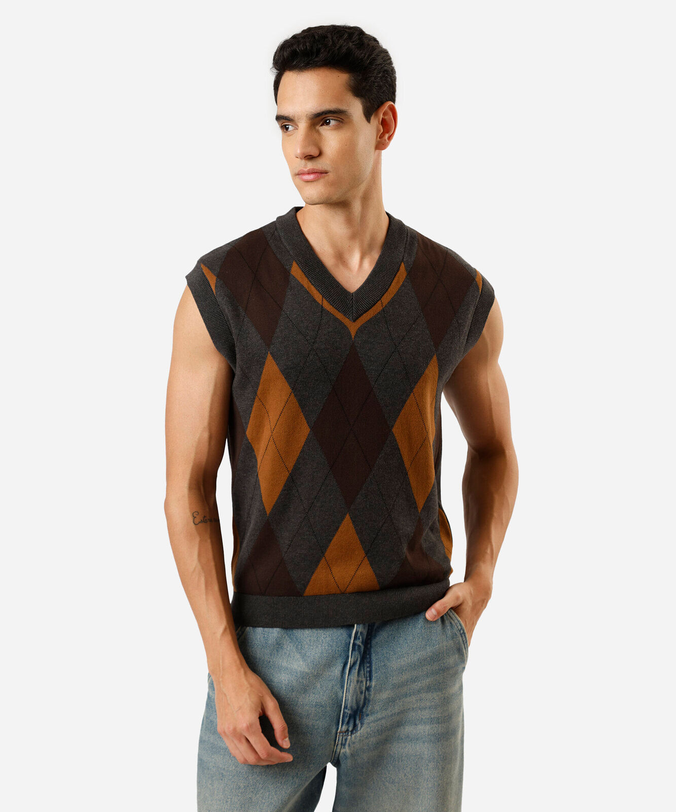 colete masculino de tricot xadrez argyle cinza