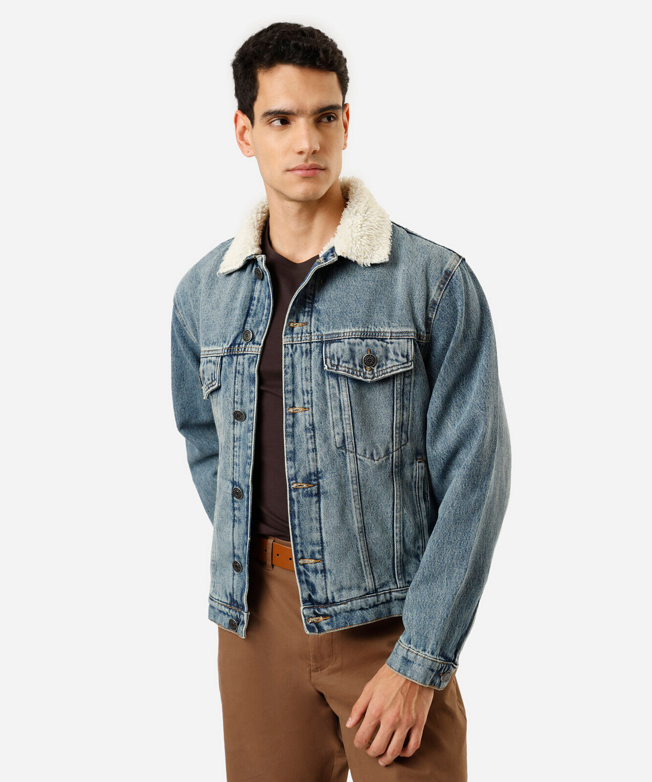 jaqueta masculina jeans com gola em sherpa azul