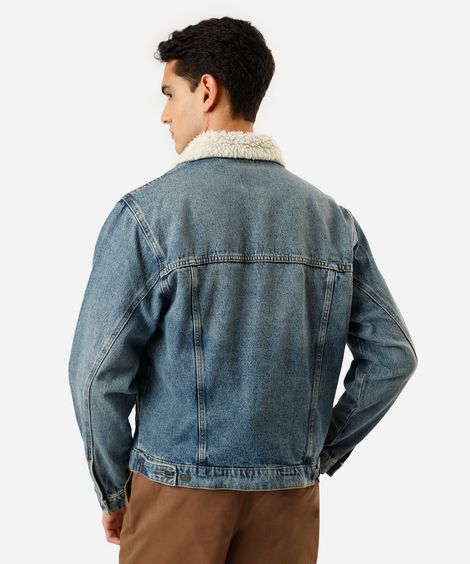 jaqueta masculina jeans com gola em sherpa azul